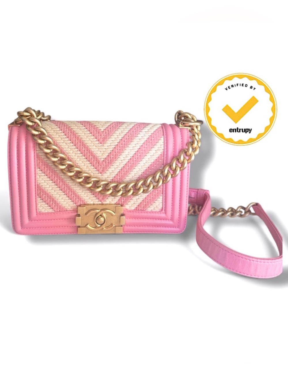 Chanel Small Boy Bag Pink Chevron Braided Gold HW Series 23 Entrupy COA Dust Bag